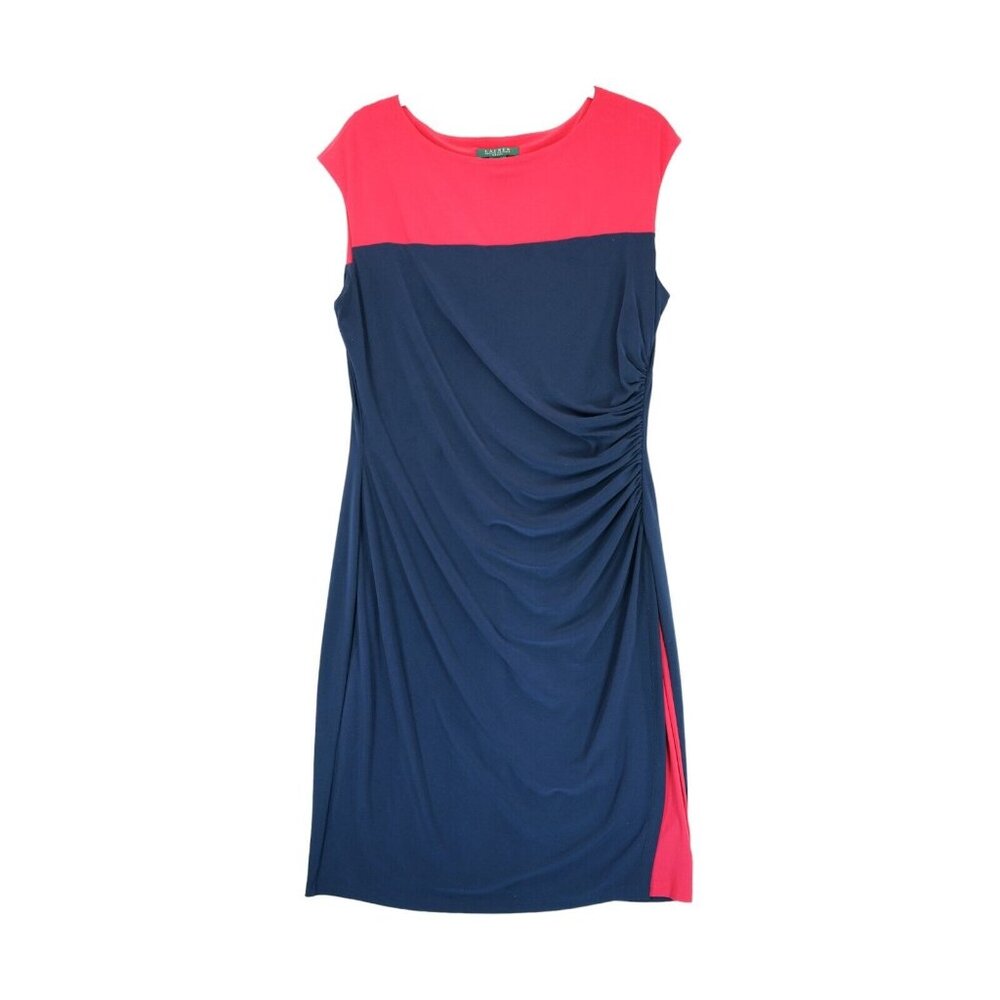 Laure Ralph Lauren Sheath Dress Ruched Navy Red Colorblock Size 16‎ MSRP $134
